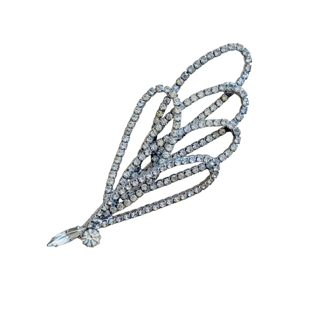 VTG Ribbon Crystal Rhinestone‎ Brooch Pin Jeweled Silver Sparkly Wing Art Deco